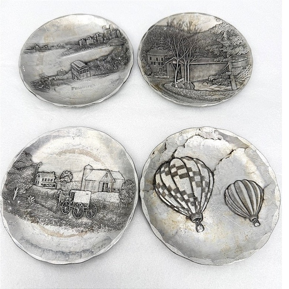 Wendell August Forge Coasters Hand Hammered Aluminum Scenic Decor 4pc Round